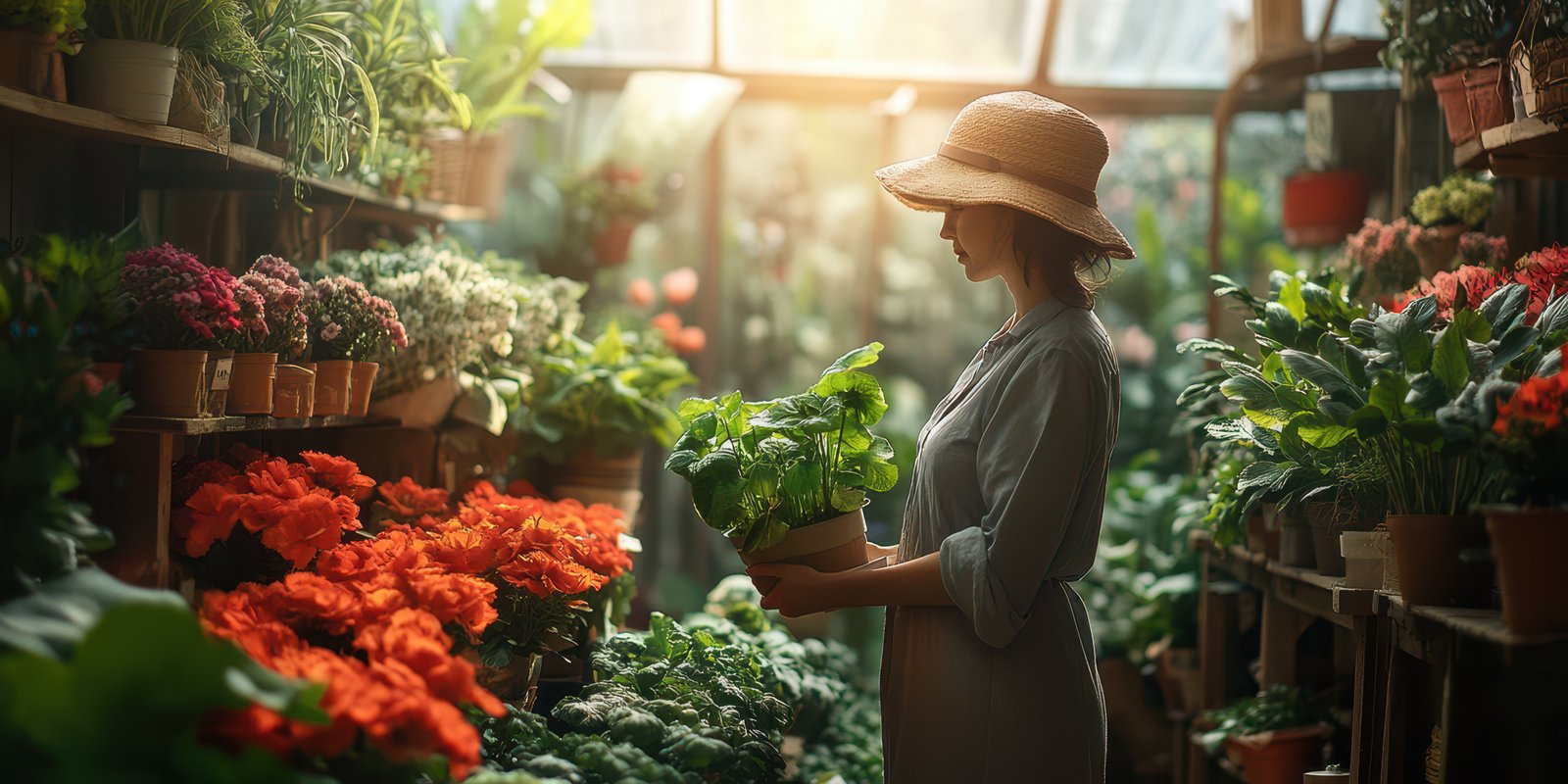 Woman in a sunlit greenhouse tending to vibrant flowers and plants in the early morning hours
